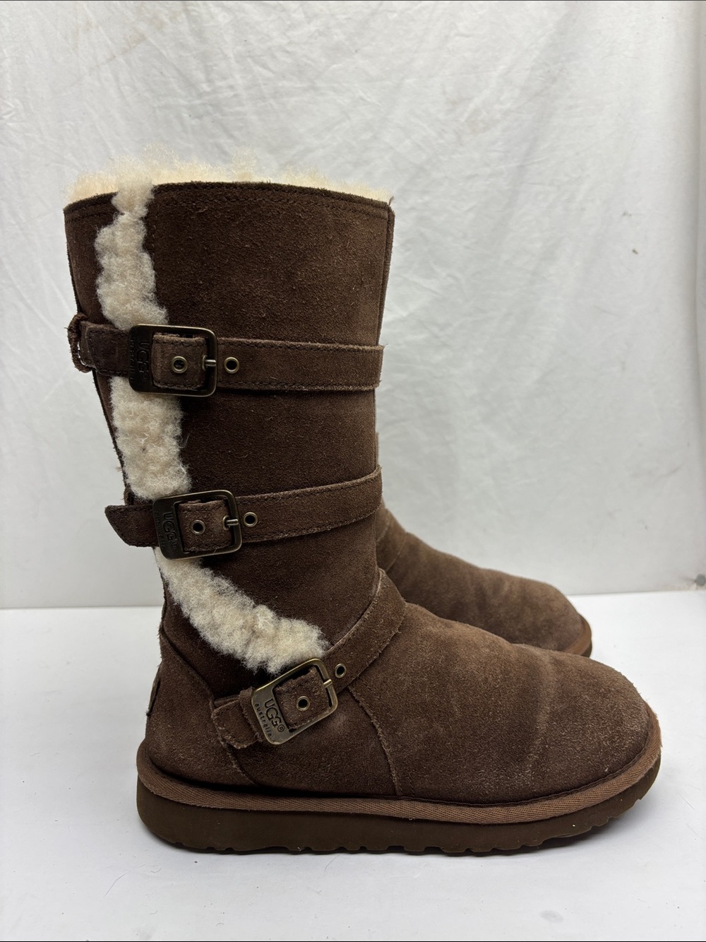 UGG Brown Suede Mid-Calf Shearling Buckle Boots, SZ 4 big girl, box 4